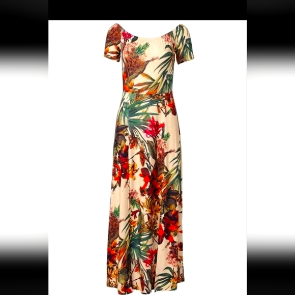 Lascana For Venus Off The Shoulder Tropical Floral Print Maxi Slit Dress Size L - Picture 2 of 12